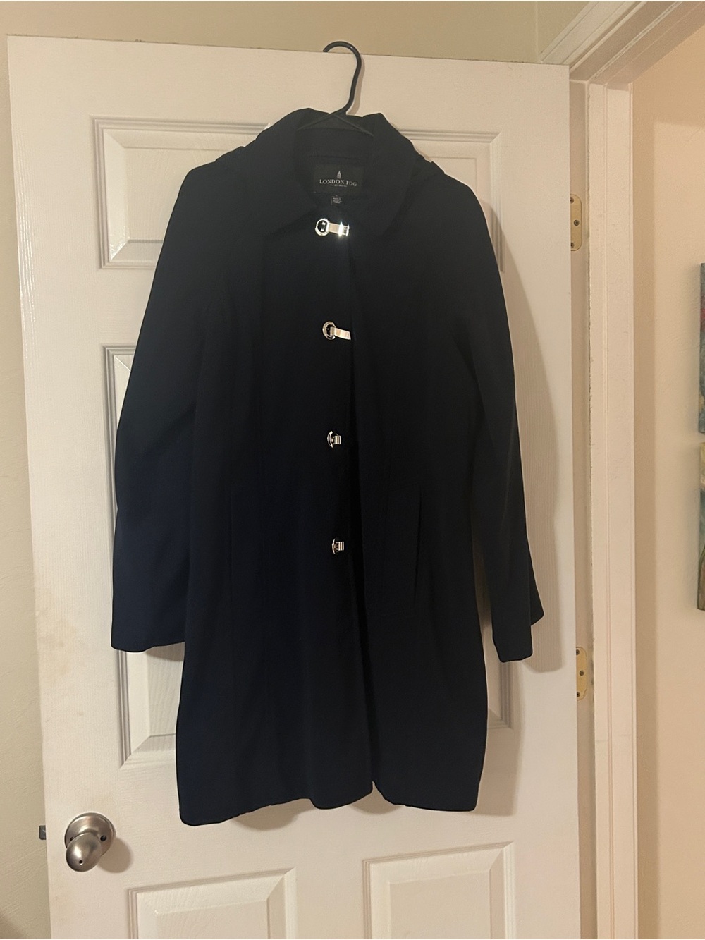 Women’s London Fog Navy Blue Hooded Trench Coat with Toggle Closures